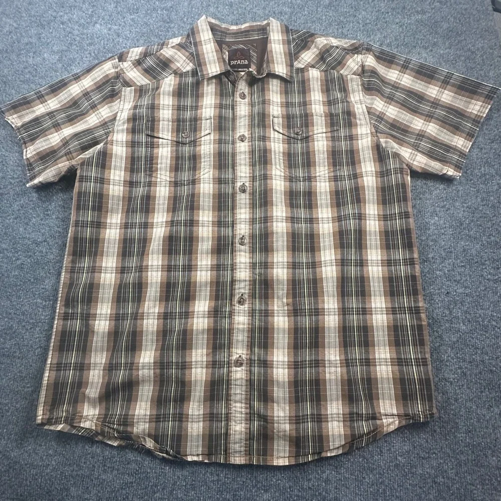 Prana Men's XL Organic Cotton Blend‎ Plaid Short Sleeve Button Up Shirt